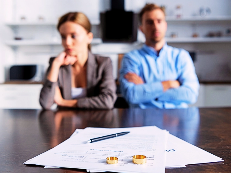 Blurred image of a couple sitting at table with divorce documents with their wedding rings and a pen on. Divorce for Business Owners
