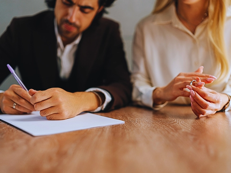 Married couple signing decree papers getting divorced in lawyers office. safeguard a business in a divorce