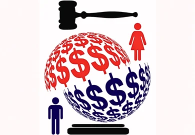 Graphic of gavel, figures, and globe of dollars. International assets in high net worth divorce
