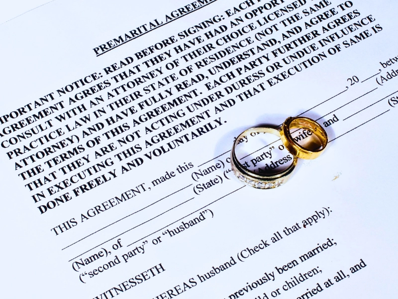 Two gold wedding rings placed on a premarital agreement. ask for a prenup